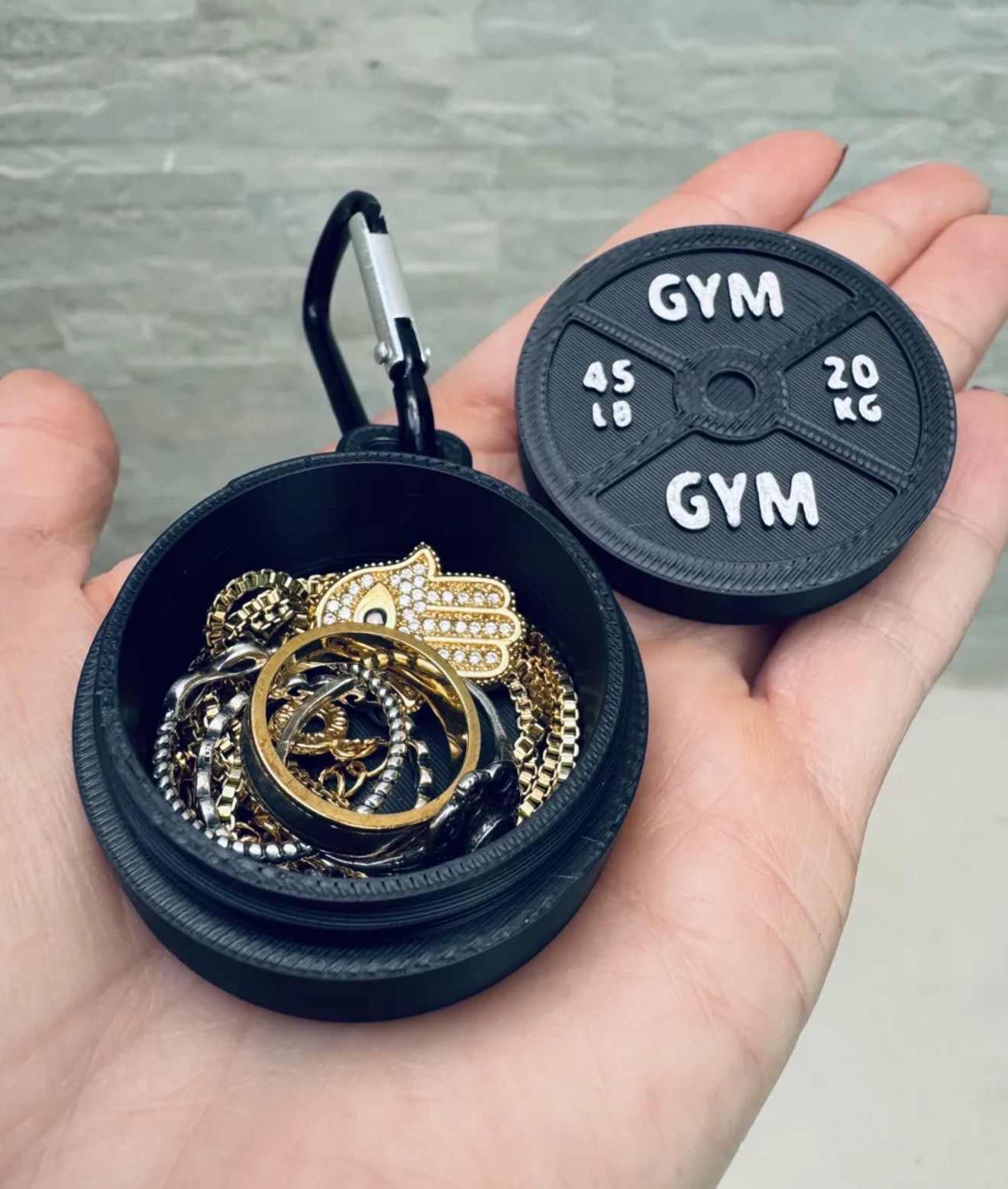 Porta-joias de anilha de academia com mosquetão