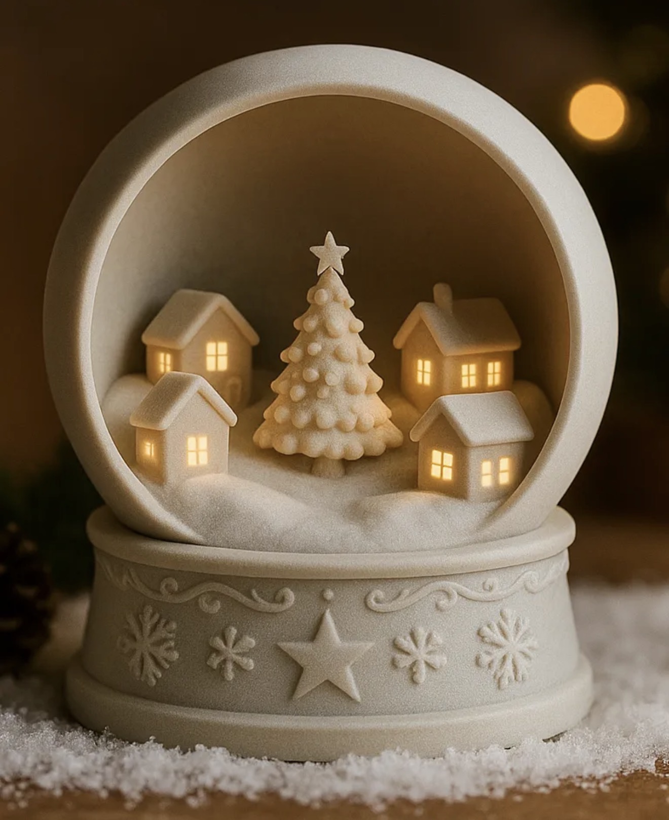 Globo de Natal iluminado com vila e árvore